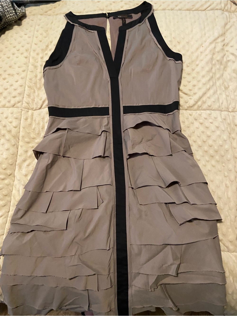 BCBGMaxAzria Sleeveless Ruffle-Trim Dress in Taupe with Black Trim